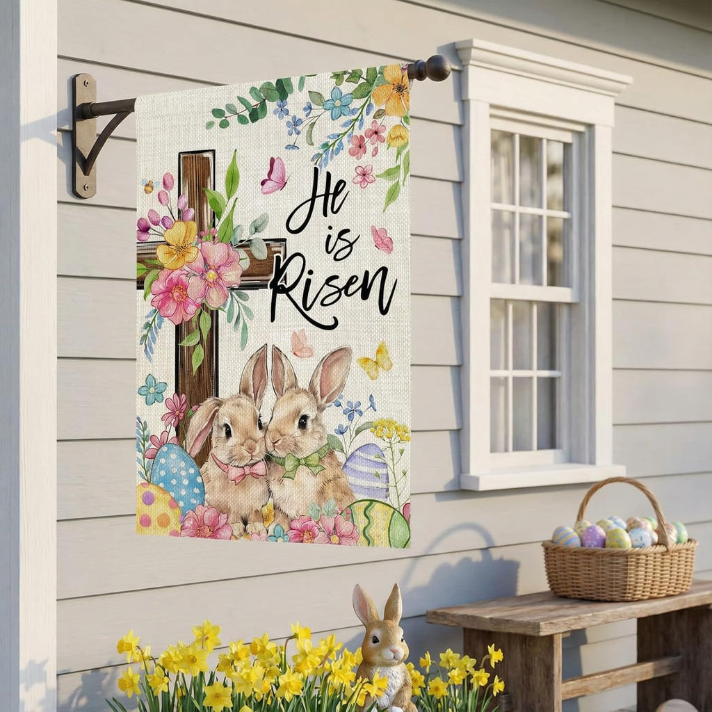CROWNED BEAUTY Easter House Flag Cross Bunny 28x40 Inch Double Sided Large Holiday Welcome Decoration for Outside Yard