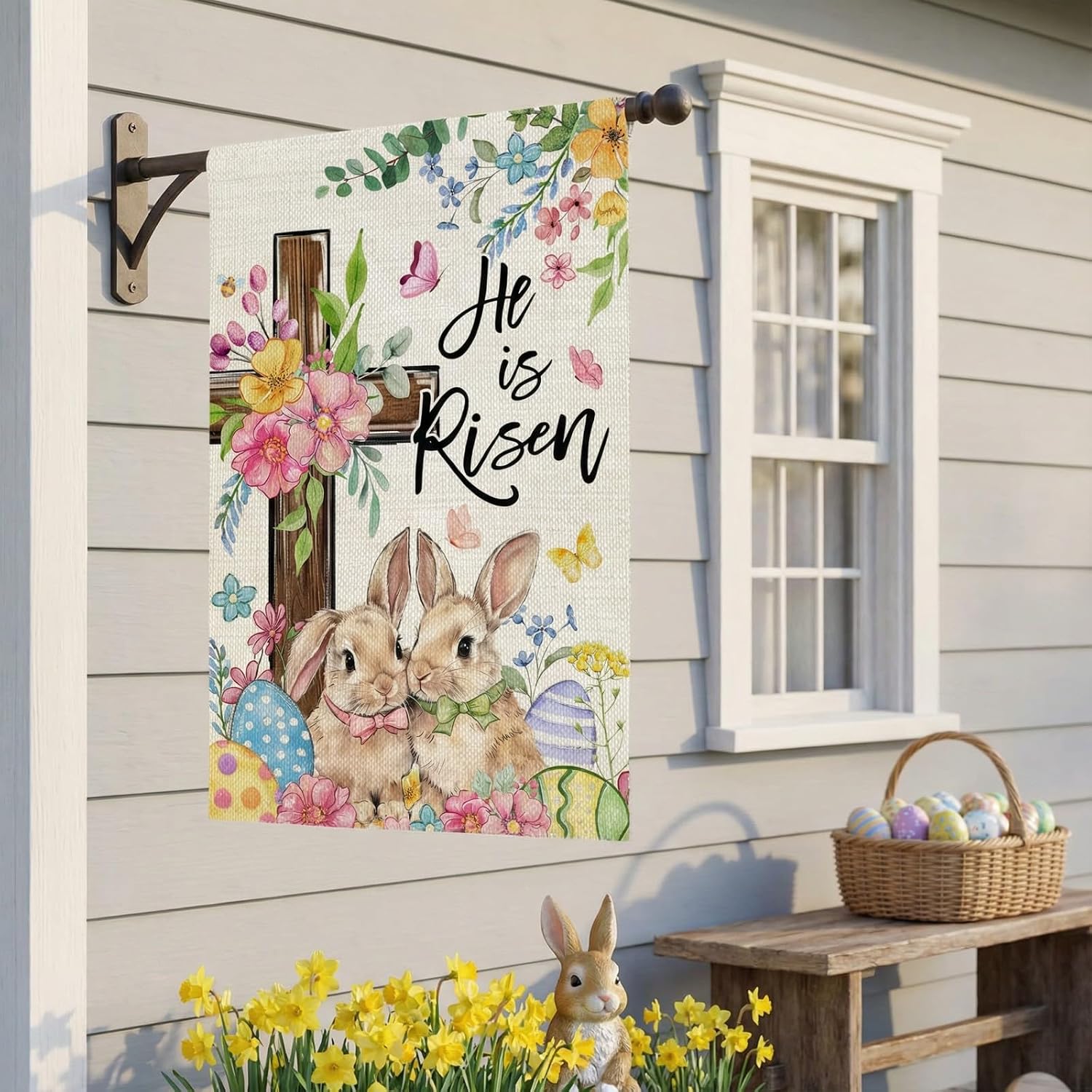CROWNED BEAUTY Easter House Flag Cross Bunny 28x40 Inch Double Sided Large Holiday Welcome Decoration for Outside Yard