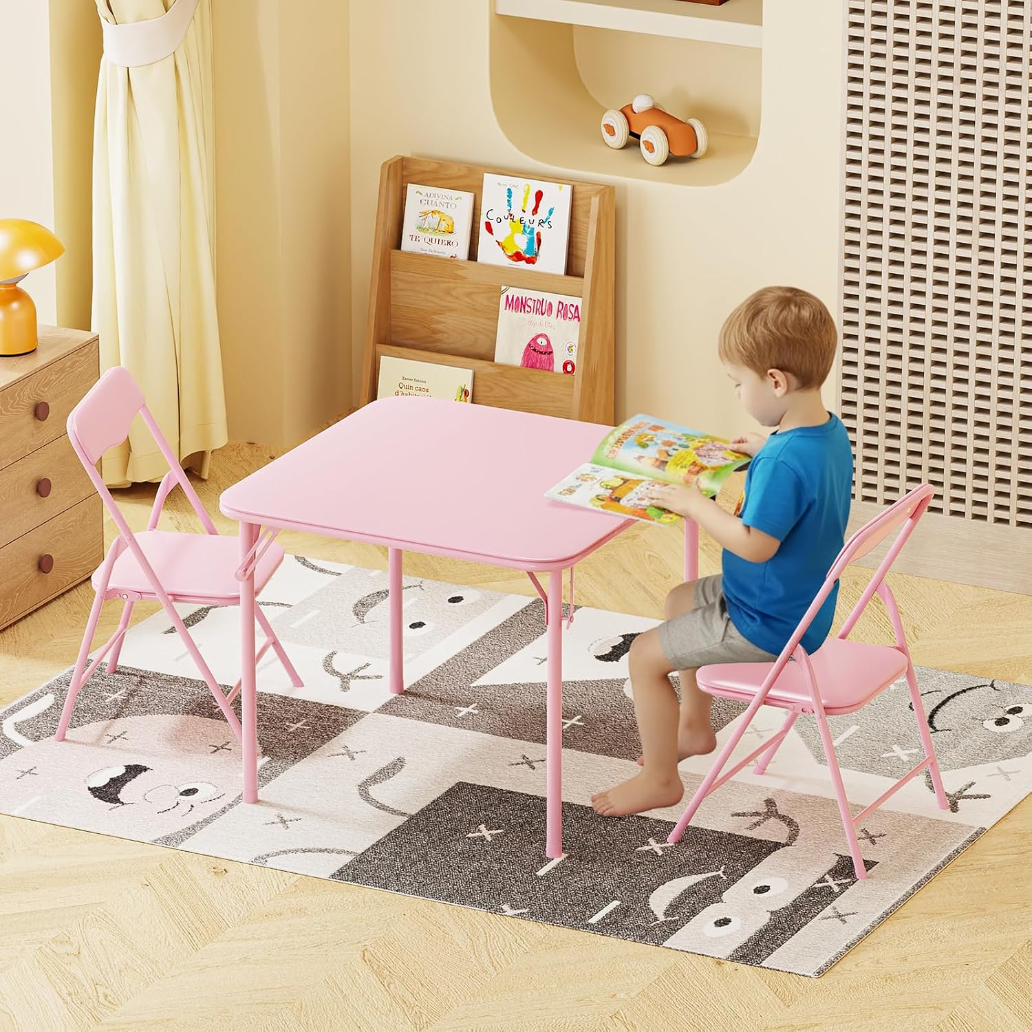 JOYMOR Kids Folding Table and Chairs Set, 3-Piece Metal Frame Activity Set with Easy-Fold Design for Playroom & Classroom (Pink)