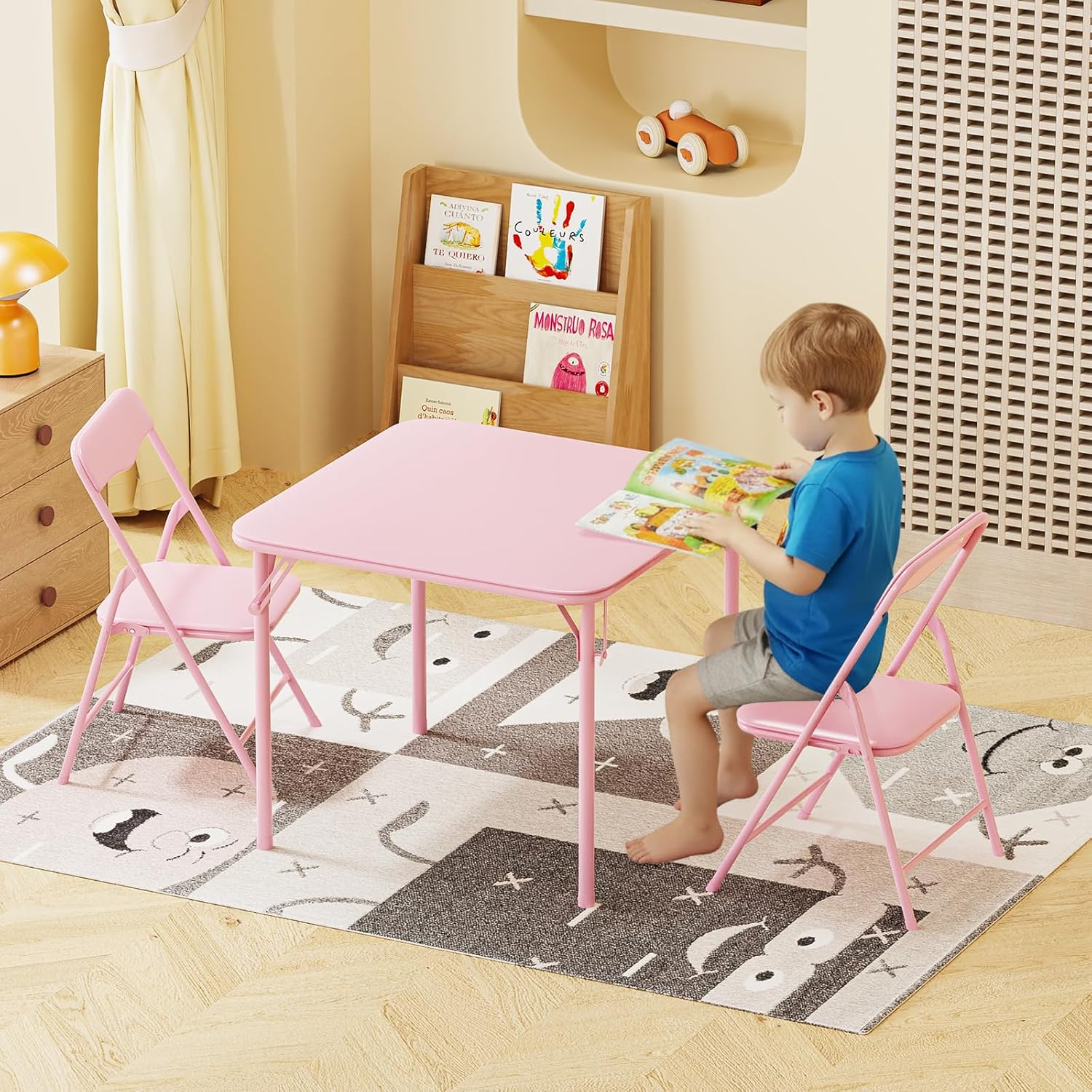 JOYMOR Kids Folding Table and Chairs Set, 3-Piece Metal Frame Activity Set with Easy-Fold Design for Playroom & Classroom (Pink)