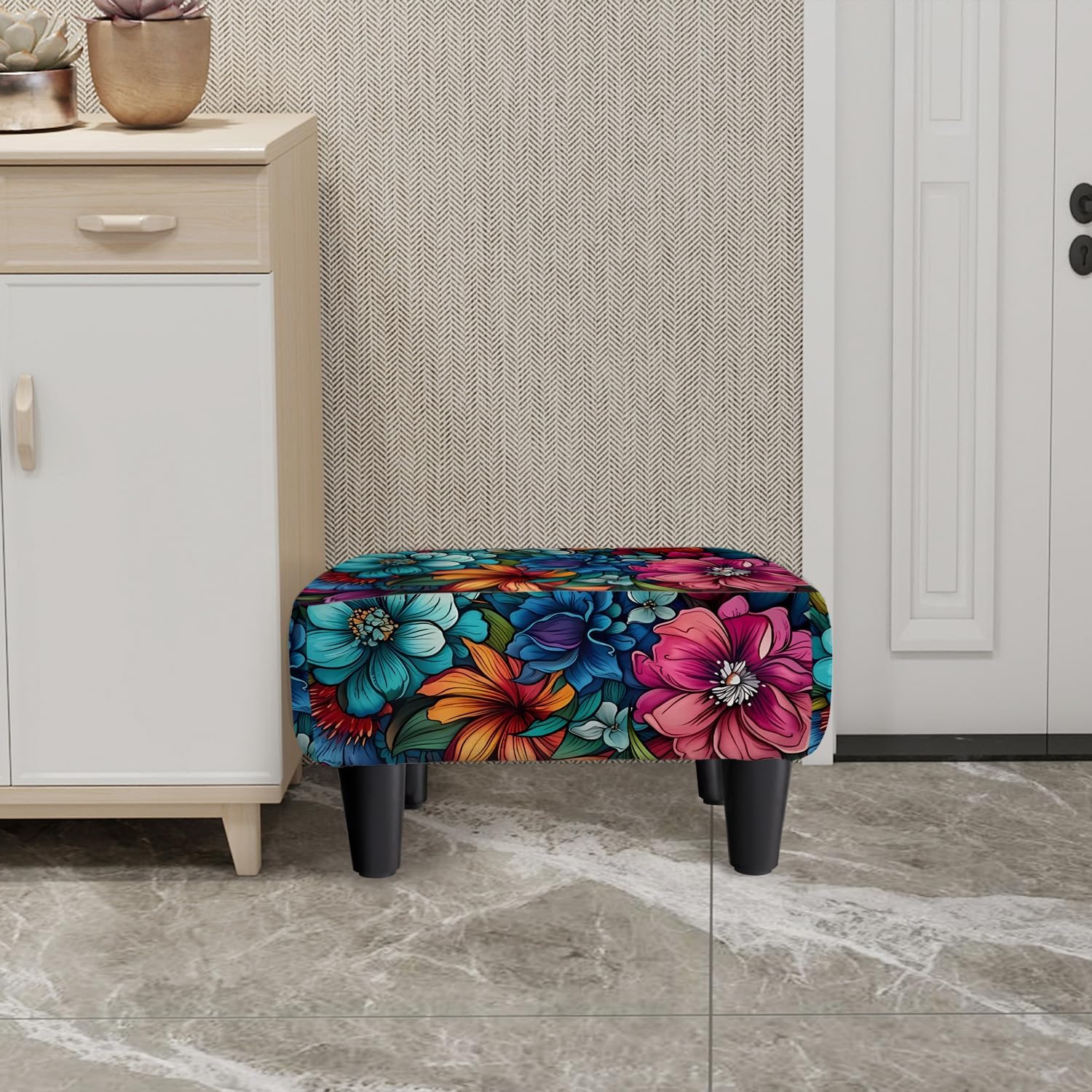 Flower Linen Ottoman Small Footstool with Legs for Living Room Bedroom | vintage floral small foot rest,extra seating,small foot rest for couch,entryway bench,shoe bench