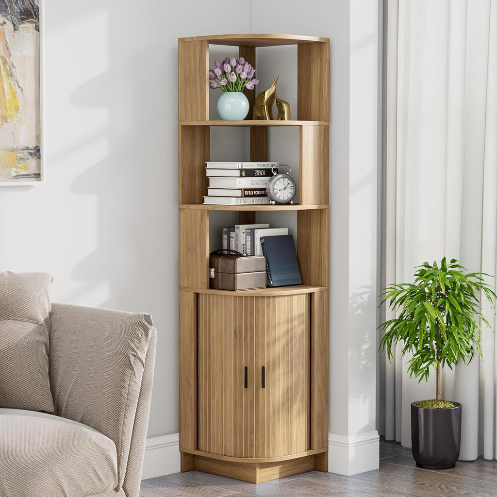 Corner Shelf, 5-Tier Corner Storage Cabinet with Fluted Doors, 64.6" Corner Shelves Bookshelf Stand Display Rack for Bedroom, Living Room, Kitchen, Home Office, Oak