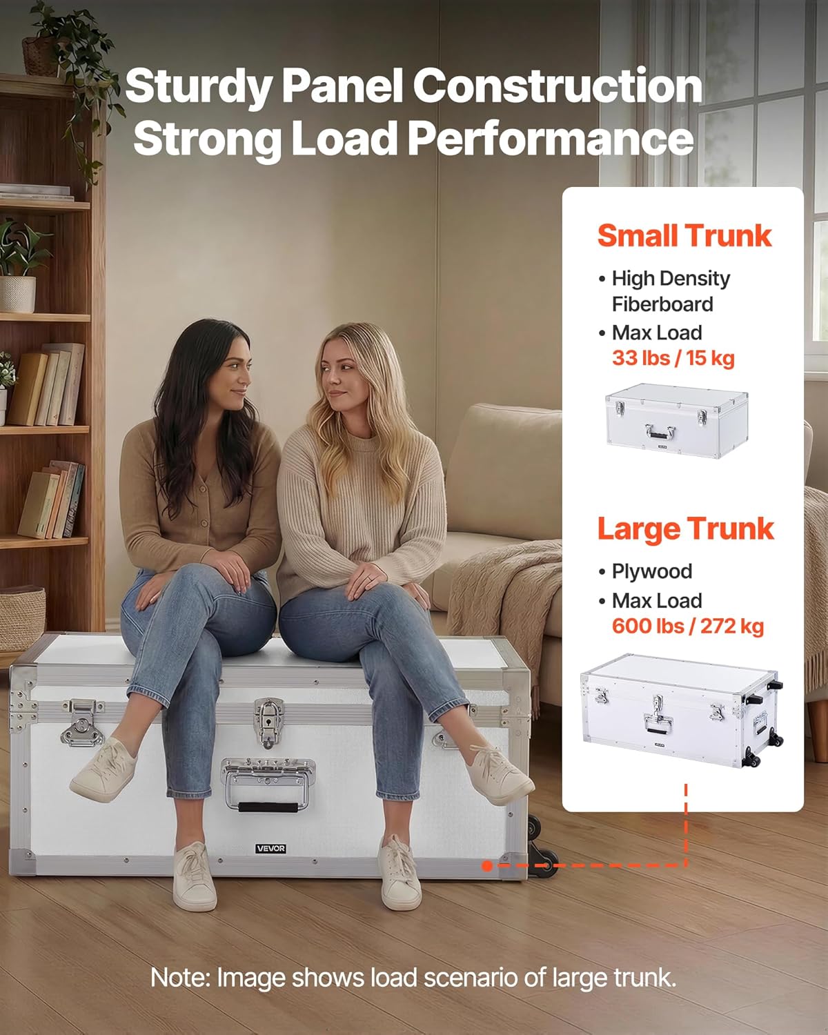 VEVOR Storage Trunk, Set of 2, Wooden Suitcase Storage Boxes with Padlocks, Large Trunk Includes Casters and 3 Metal Handles, Decorative Store Chest with Lids for Travel, Apartment, Dorm, White
