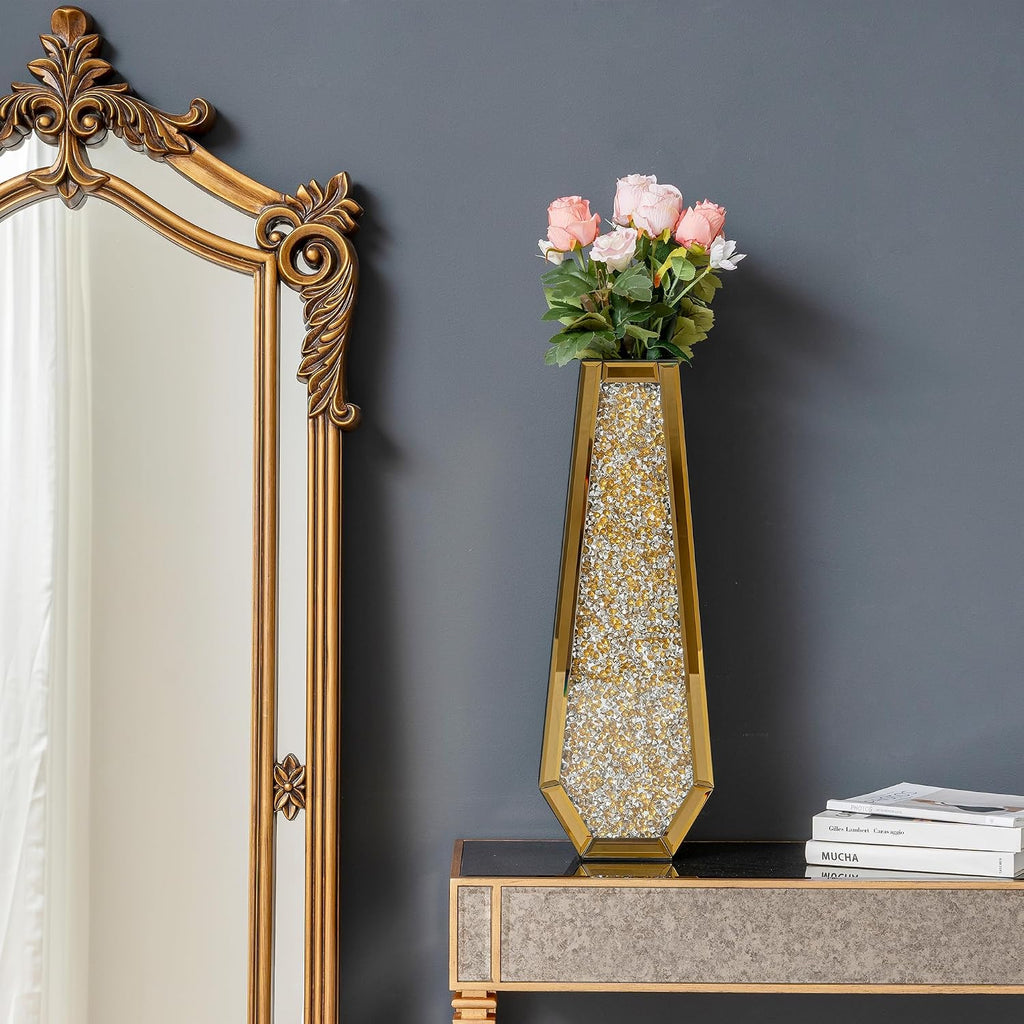 SHYFOY 24" Gold Floor Vase, Crushed Diamond Tall Glass Vase for Floor, Luxury Crystal Mirrored Decorative Flower Vase for Pampas Grass, Office and Home Decor