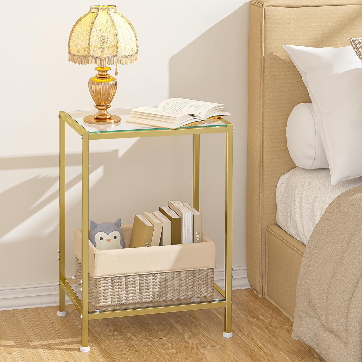 DAOUTIME Side Tables Set of 2, End Tables with Tempered Glass & Metal Frame, Small Nightstands with Storage Shelves, 2-Tier Gold Coffee Table with Modern Style, Slim Sofa Table for Living Room,Bedroom