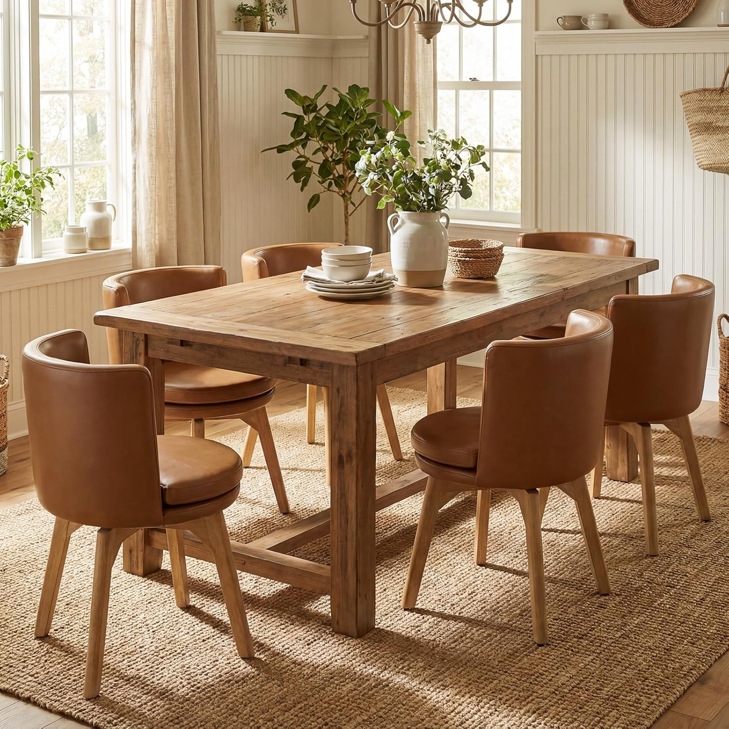 Swivel Dining Chairs Set of 2, 360° Rotating Kitchen Chairs with Solid Rubber Wood Legs, Upholstered Barrel Back Dining Room Seating for Modern Home/Kitchen - Bronw PU