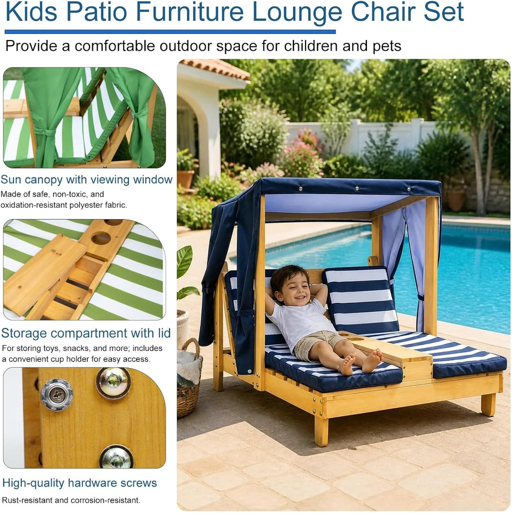 Kids Chaise Lounge Chair Outdoor, Toddler Wood Double Pool Lounger Chairs w/Canopy, Cup Holders, Removable Stripped Fabric Cushions, for Lawn, Pool, Garden, and Yard(Light Blue)