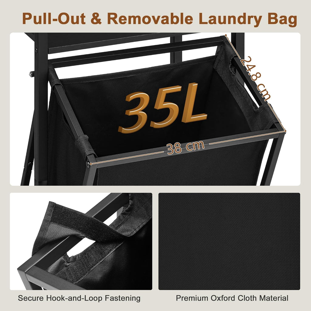 Space-Saving Coat Rack with Tilt Out Laundry Basket, Clothes Garment Rack with Shelves, X-Shaped Sturdy Structure Freestanding Hall Tree Laundry Hamper for Bedroom Laundry Room Bathroom, Brown
