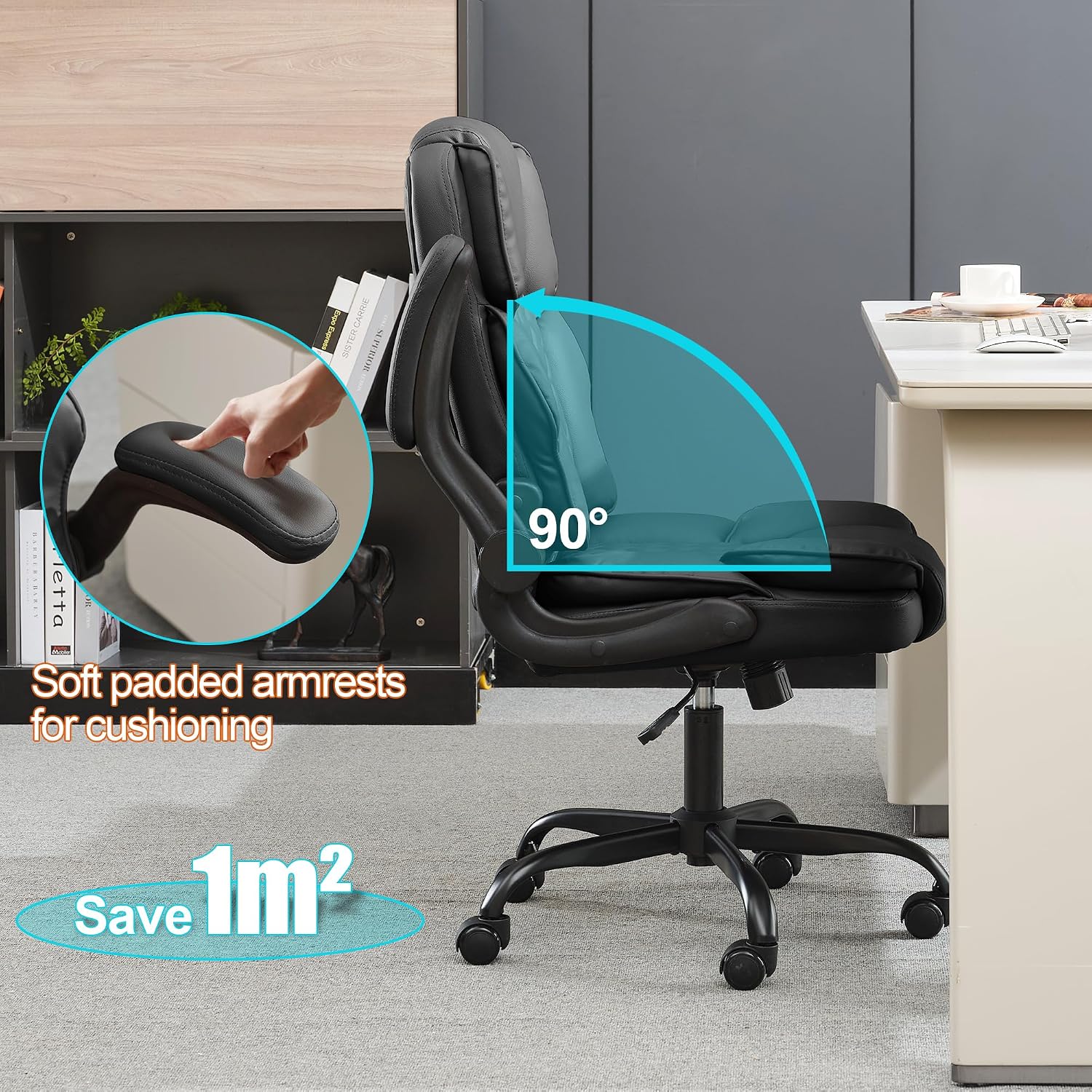 Office Desk Chair, Conference Room Chairs, Mid Back Executive Leather Chair,Ergonomic Home Computer Chair, Modern Office Chair with Adjustable Flip-Up Arms and Rocking Function (Black)