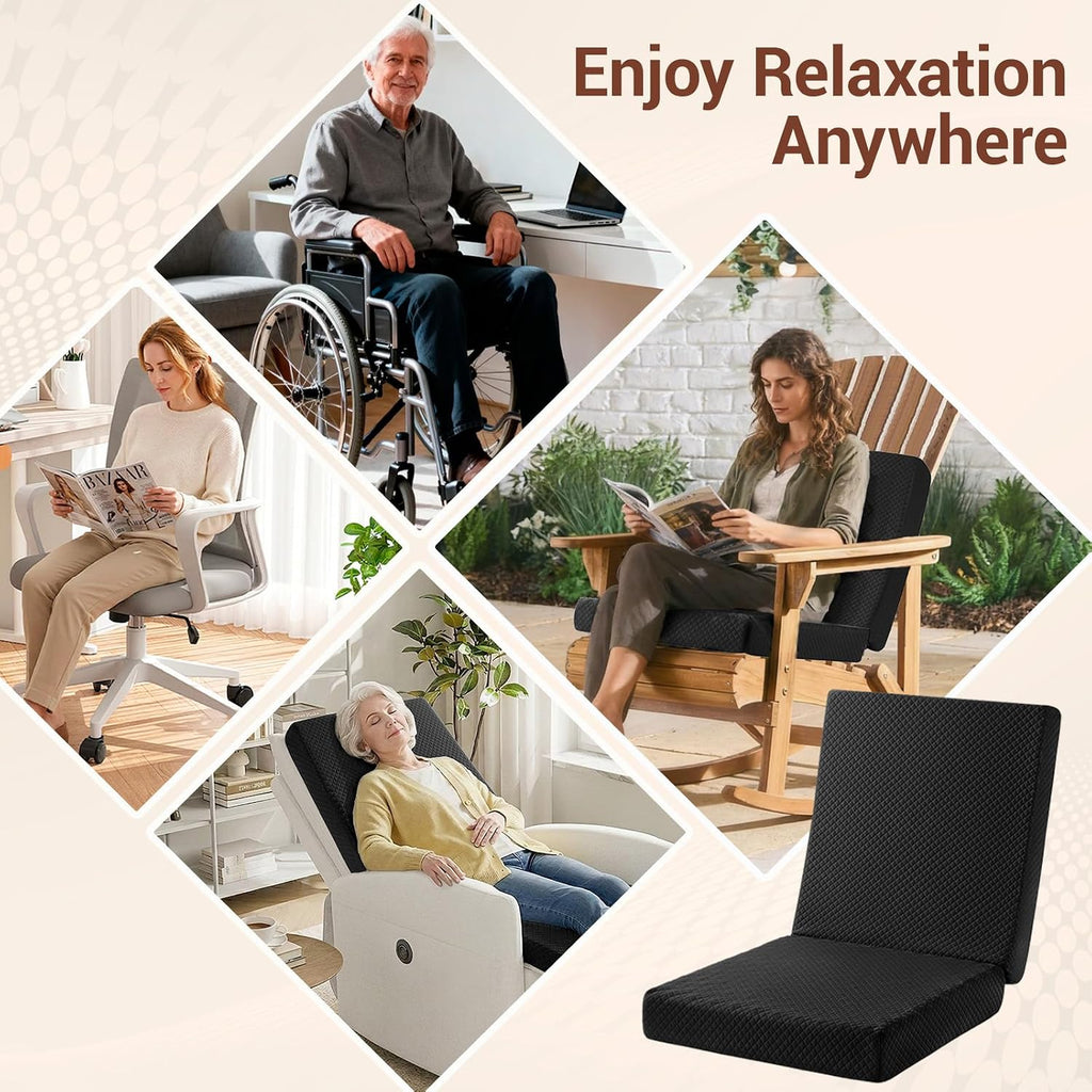 Recliner Cushions for Elderly,20x20x4 Inch Thick Egg Crate Foam Seat Cushion with Back Support Pillow for Reduce Hip & Lumbar Pain, Non-Slip Bottom and Removable Washable Cover,Black