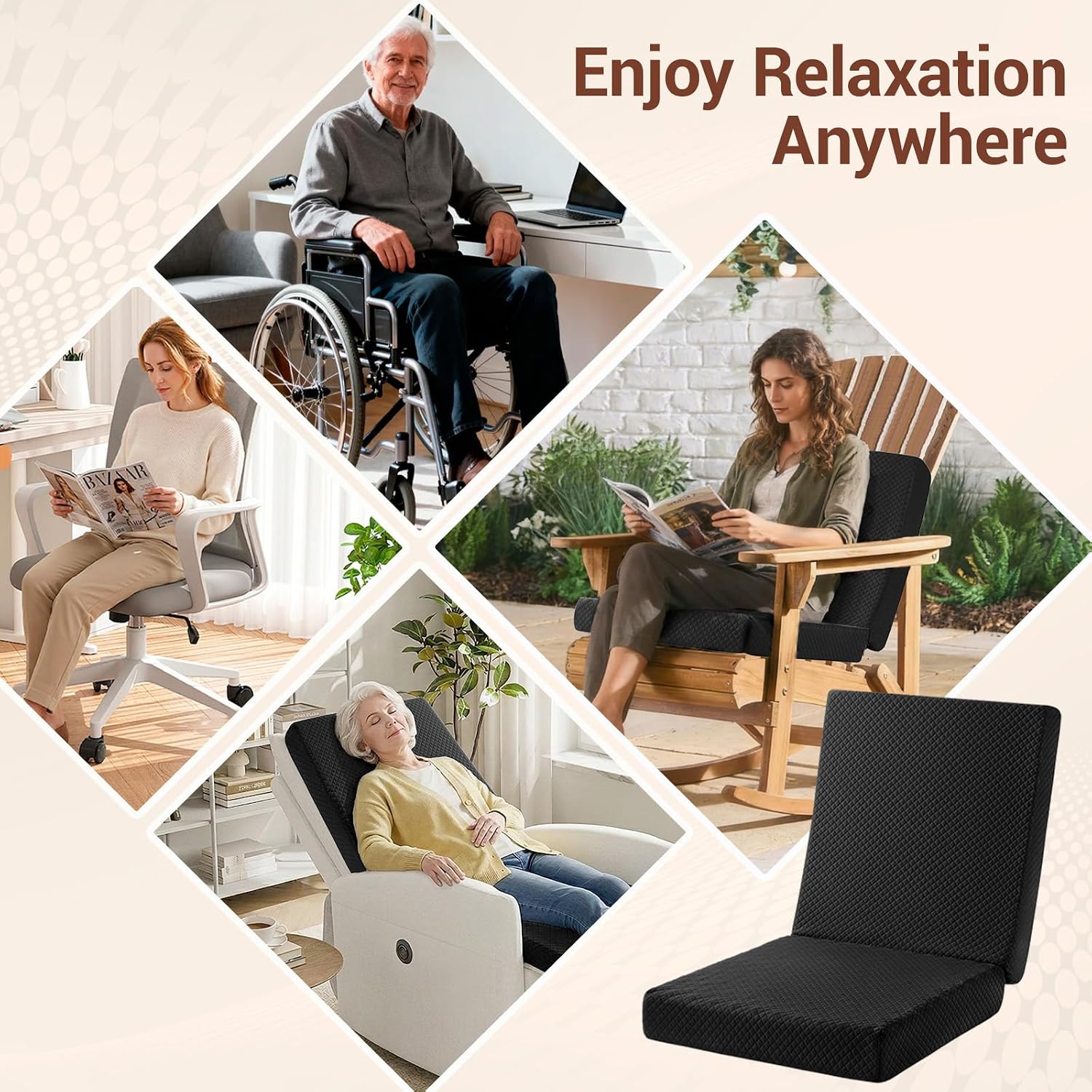 Recliner Cushions for Elderly,20x20x4 Inch Thick Egg Crate Foam Seat Cushion with Back Support Pillow for Reduce Hip & Lumbar Pain, Non-Slip Bottom and Removable Washable Cover,Black