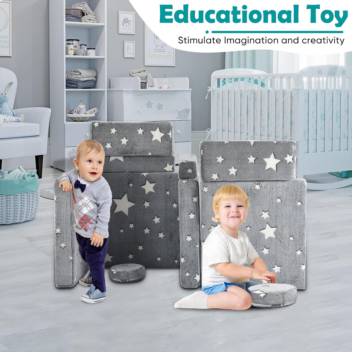 Kids Play Couch, 10Pcs Toddler Sofa,Modular Kids Couch for Playing, Creativing, Sleeping (Grey Stars)