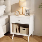 Modern Nightstand with Drawer, White Night Stand with Storage Shelf 2 Tier Bedside Table for Small Spaces Wooden End Table Mid Century Side Table for Bedroom Living Room Nursery