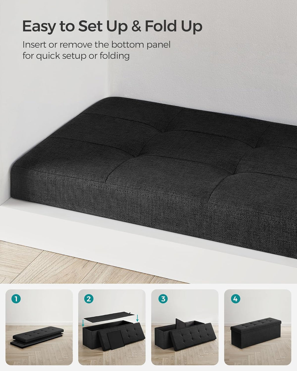 SONGMICS MAZIE Collection - 43 Inches Folding Storage Ottoman Bench, Ottoman Foot Rest, End of Bed Bench, Storage Chest, Load 660 lb, for Living Room, Bedroom, Entryway, Ink Black ULSF077B01