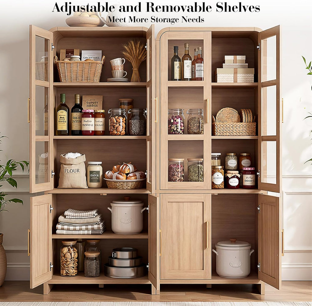 77" Tall Kitchen Pantry Cabinets, Wooden Curved Storage Cabinets with Adjustable Shelf, 1.18'' Panel Freestanding Cupboard for Dining Room, Living Room, Bathroom, Oak, 1Pcs