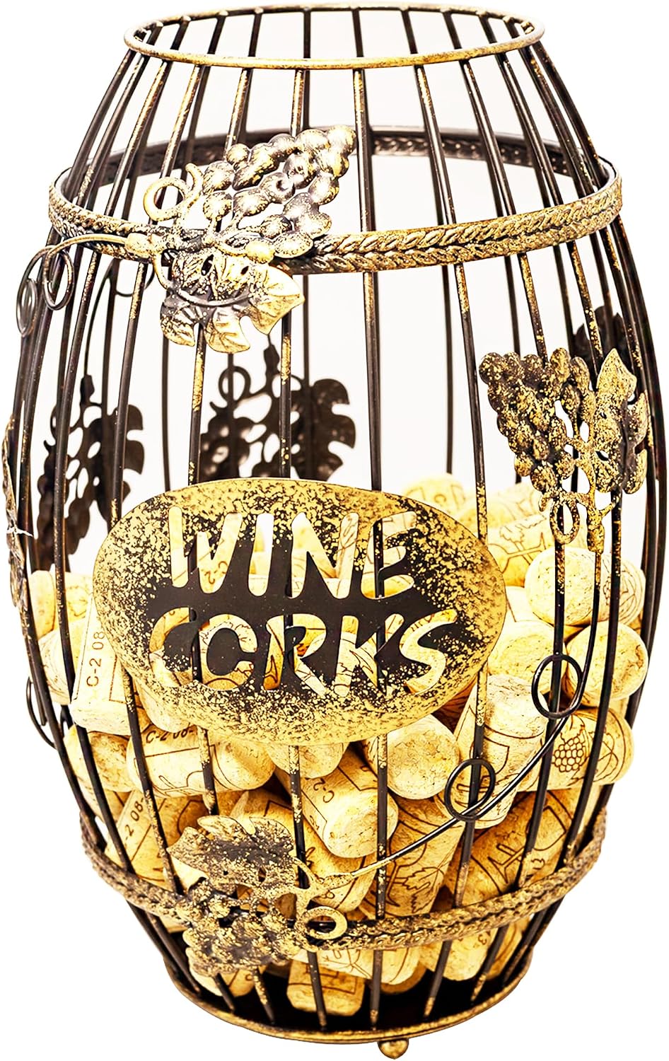 Wine Cork Holder for Countertop or Cabinet, Barrel-Shaped Metal Cork Holder Holds Up to 227 Wine and Champagne Corks, Storage Organizer with Open Top and Non-Slip Base for Bar Area Kitchen