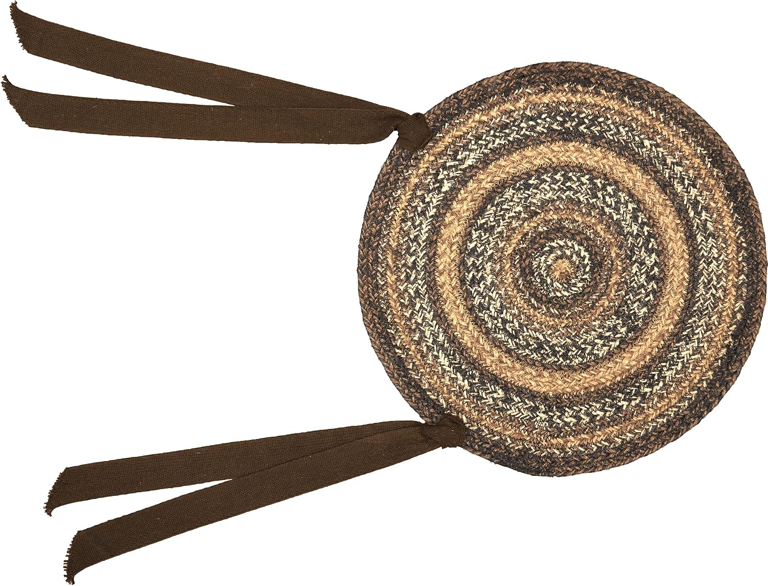 VHC Brands Espresso Round Seat Cushion Chair Pad, Brown Black Tan, Jute Blend with Ties, 15x15 Inches, Set of 4