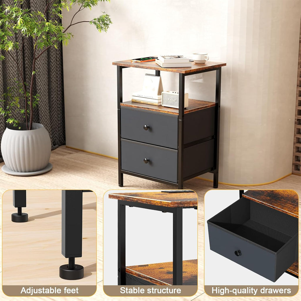 Nightstand with Charging Station, Bedside End Table with 2 Fabric Drawers for Bedroom, Side Table with USB Ports and Outlets (Brown Black)