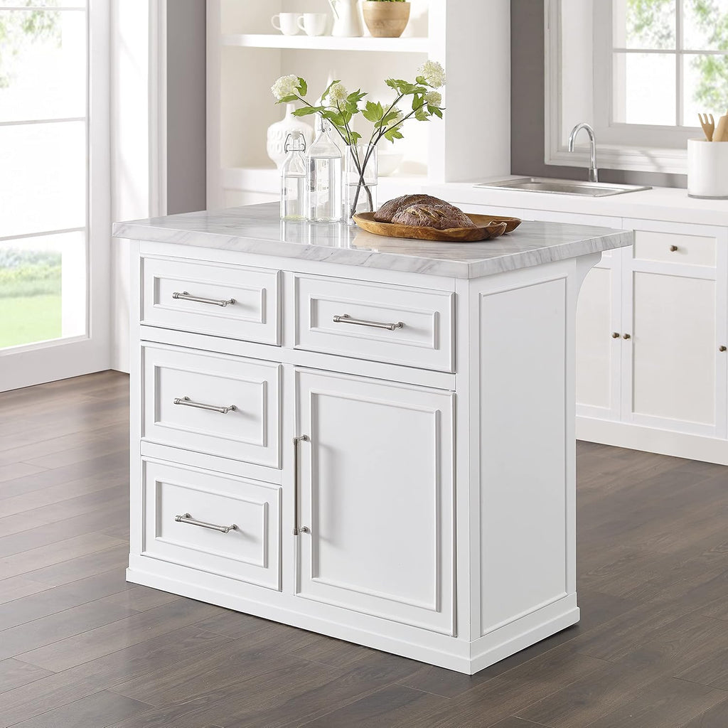 Crosley Furniture Cutler Faux Marble Top Kitchen Island with Storage, Breakfast Bar, Microwave Stand, White