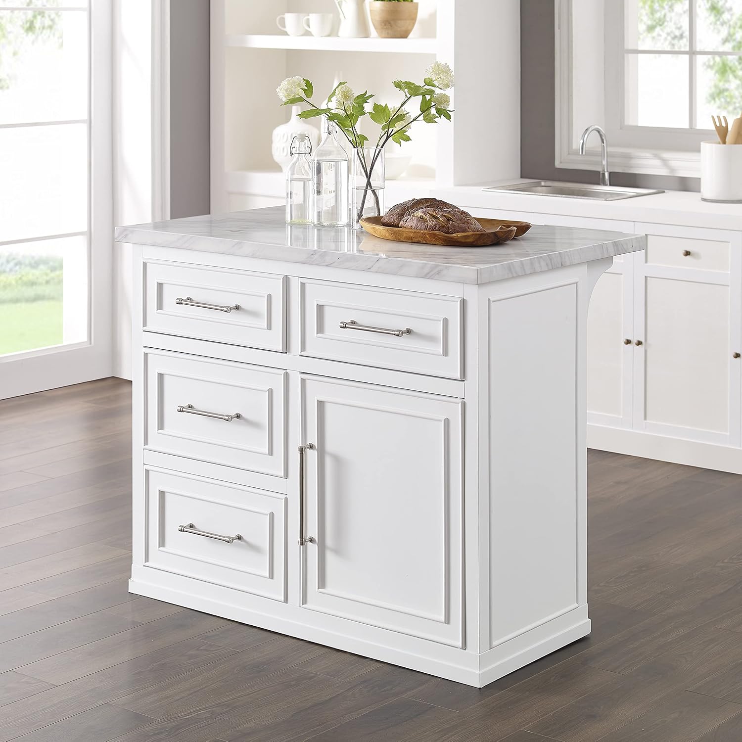 Crosley Furniture Cutler Faux Marble Top Kitchen Island with Storage, Breakfast Bar, Microwave Stand, White