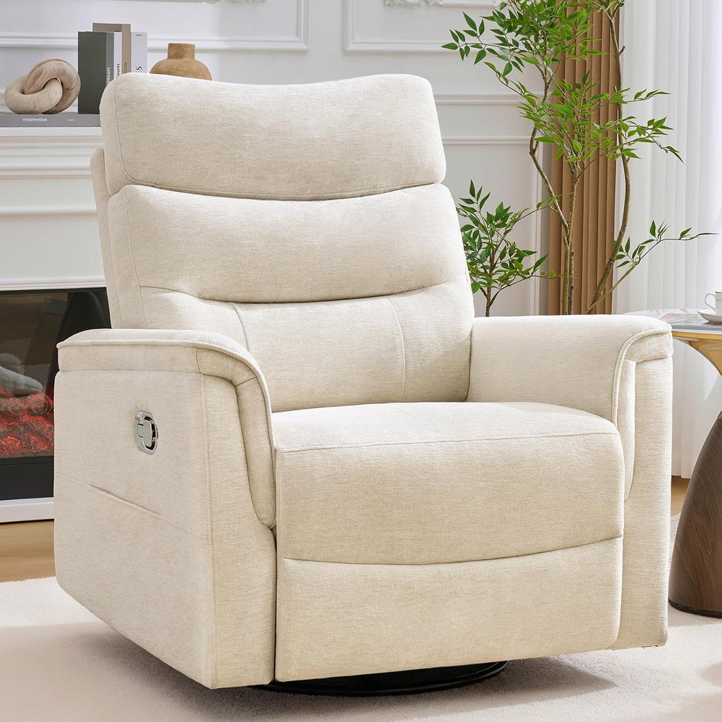 Oversized Swivel Rocker Recliner, 26'' Extra Wide Rocking Recliner Nursery Chair, Manual Swivel Recliner for Nursery, Reclining Rocking Chairs for Living Room, Chenille Beige