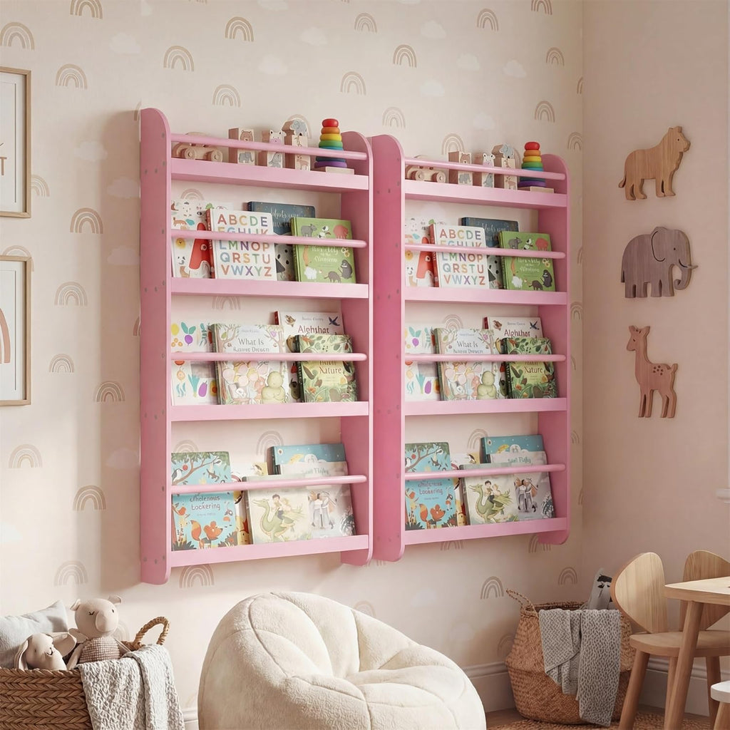 HONEY JOY Kids Bookshelf, Wall Mounted Shelf with Basswood Crossbar & Raised Edge, 4-Tier Bookshelf Organizer for Toys and Books, Space-Saving Wall Book Rack for Bedroom, Living Room, Nursery (Pink)