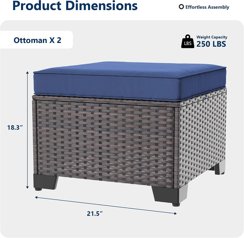 Kullavik Outdoor Ottoman Set of 2,All-Weather PE Wicker Outdoor Footstool with Thickened Cushions for Garden,Backyard,Deck,Porch,Poolside,Navy Blue