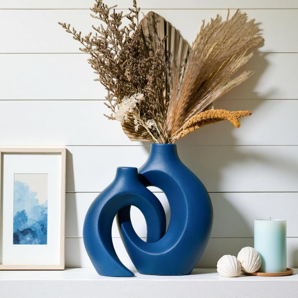 Levvohd Snuggle Hollow Ceramic Vase Set of 2, 8.4 inch Modern Nordic Coastal Shaped Pampas Grass Aesthetic Decorative Table Vases for Home Decor (Matte Navy Blue - M)