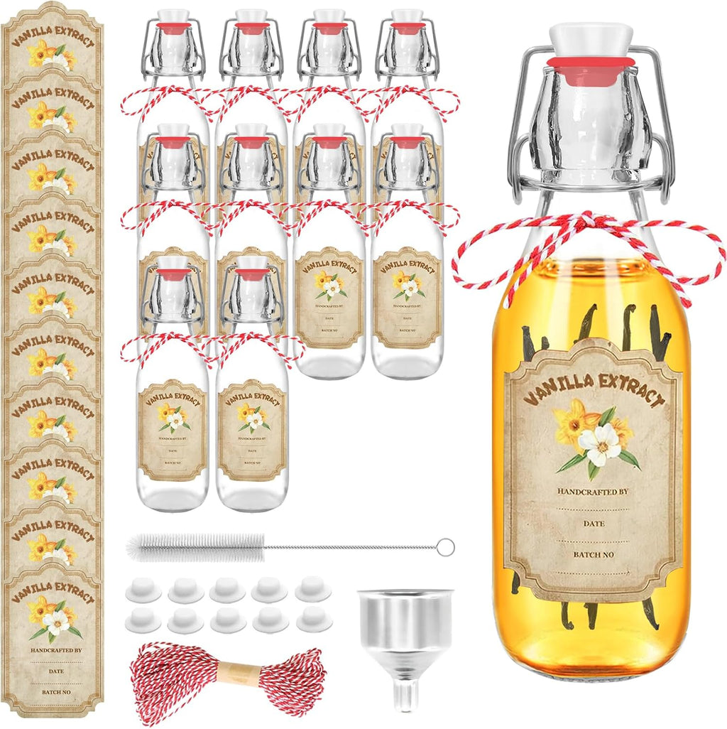 10 Pack Swing Top Glass Vanilla Extract Bottles 8 oz with Lids, Vanilla Extract Labels and Funnel, Glass Boston Bottles for Syrup Gift, Flip Top Jars