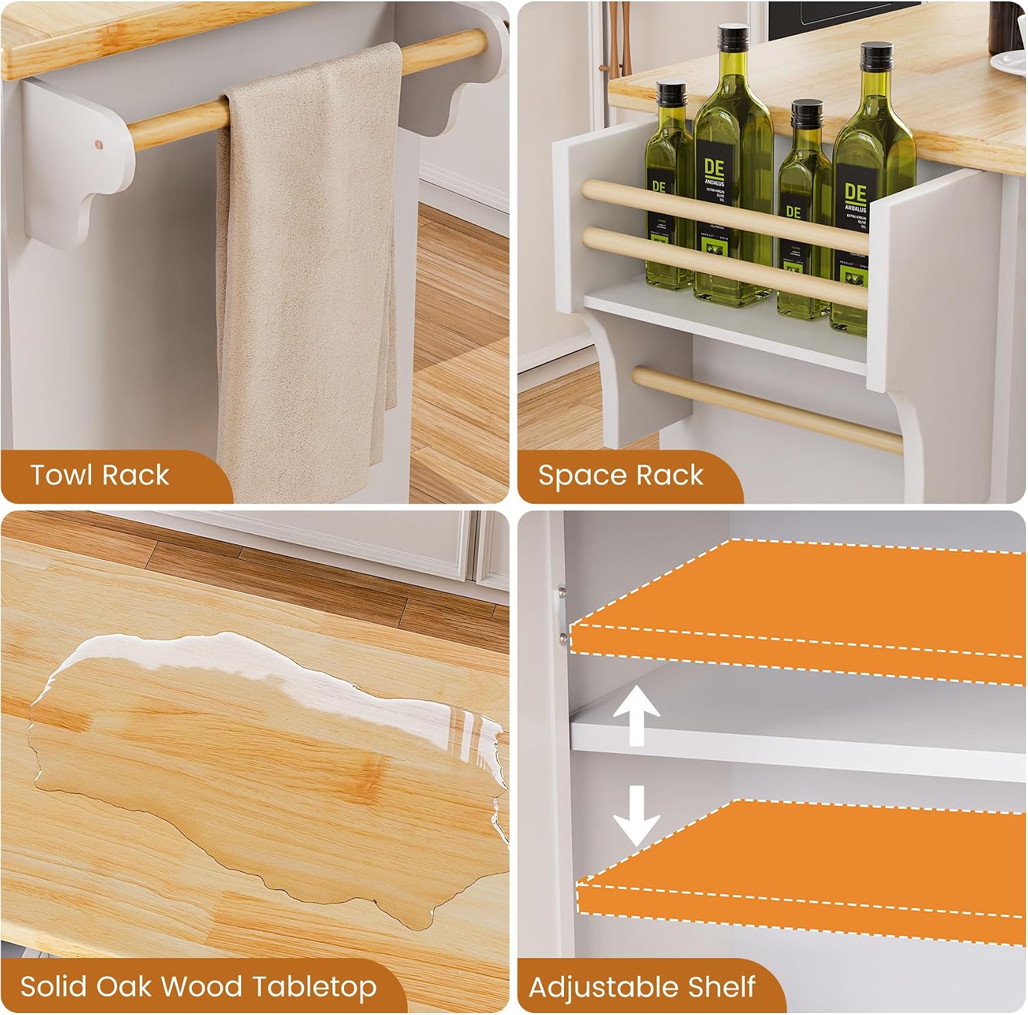 Kitchen Island with Storage 54" Large Rolling Kitchen Island Cart On Wheels 2 Cabinets 2 Drawers,Spice Towl Rack Mobile Kitchen Table White (No Drop Leaf)