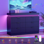 Dresser for Bedroom with RGB LED Lights and Charging Station, 6 Drawers Wooden Chest of Drawers, 47.2" Wide Fluted TV Stand, Closet Clothes Storage Organizer for Living Room, Hallway, Black
