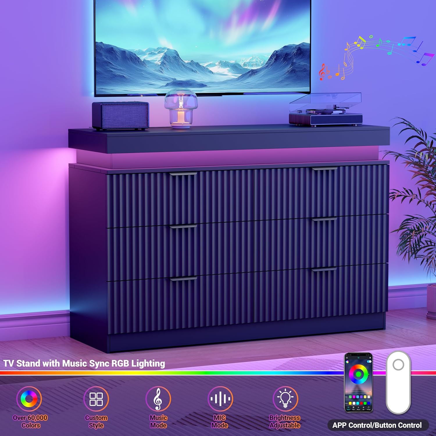 Dresser for Bedroom with RGB LED Lights and Charging Station, 6 Drawers Wooden Chest of Drawers, 47.2" Wide Fluted TV Stand, Closet Clothes Storage Organizer for Living Room, Hallway, Black