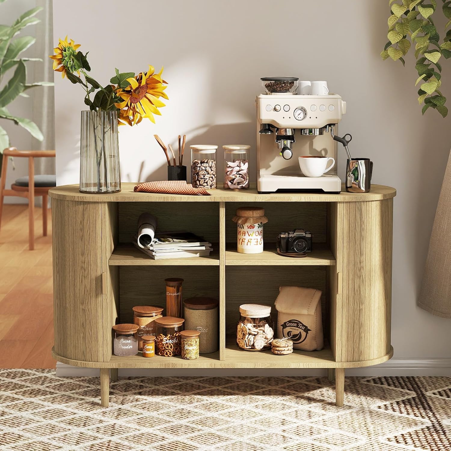 Sideboard Buffet Cabinet,46.85" Fluted Sideboard Storage Cabinet with Fluted Sliding Door,Modern Stand Console Cabinet for Kitchen & Living Room,Restaurant,Entryway(Light Oak)