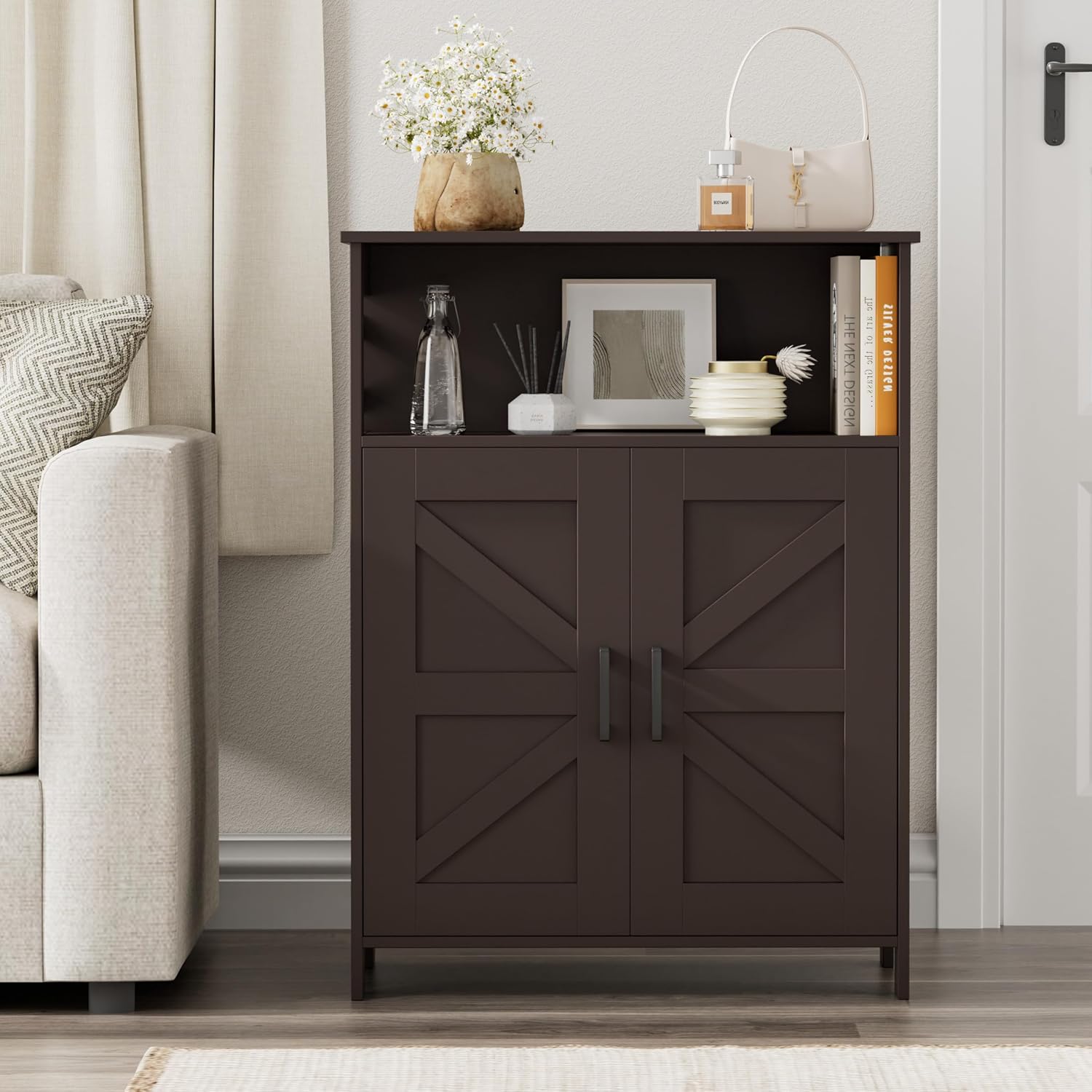 Homhedy Farmhouse Bathroom Storage Cabinet with 2 Doors, Toilet Paper Cabinet with Adjustable Shelf, Small Bathroom Cabinet for Kitchen/Laundry/Living Room, 11.8 x 23.6 x 31.5 Inches, Brown