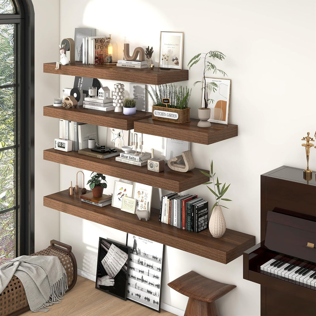 FLYJOE 36 Inch Long Floating Shelves for Wall Set of 1, 12" D Wood Grain Bathroom Shelves with Invisible Brackets, Easy Install Engineered Wood Storage Shelves for Kitchen, Living Room, Bedroom
