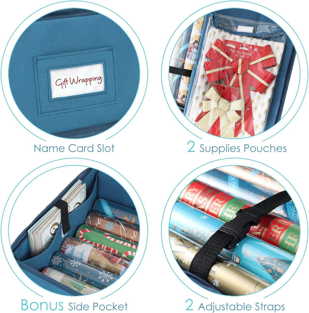 Hearth & Harbor Wrapping Paper Storage Container and Clear Wrap Paper Holder - Christmas Storage Bag with Interior Pockets - Fits Up to 36 Rolls of 40" - Tear Proof, Blue