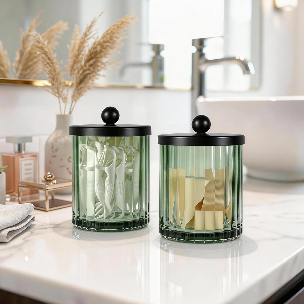 Amolliar Sage Green Glass Apothecary Jar, Qtip Holder Dispenser for Cotton Swabs, Balls, Makeup Pads, Floss Picks, Bathroom Essential Accessories, Countertop Canister Storage Organizer (Black, 2 Pack)