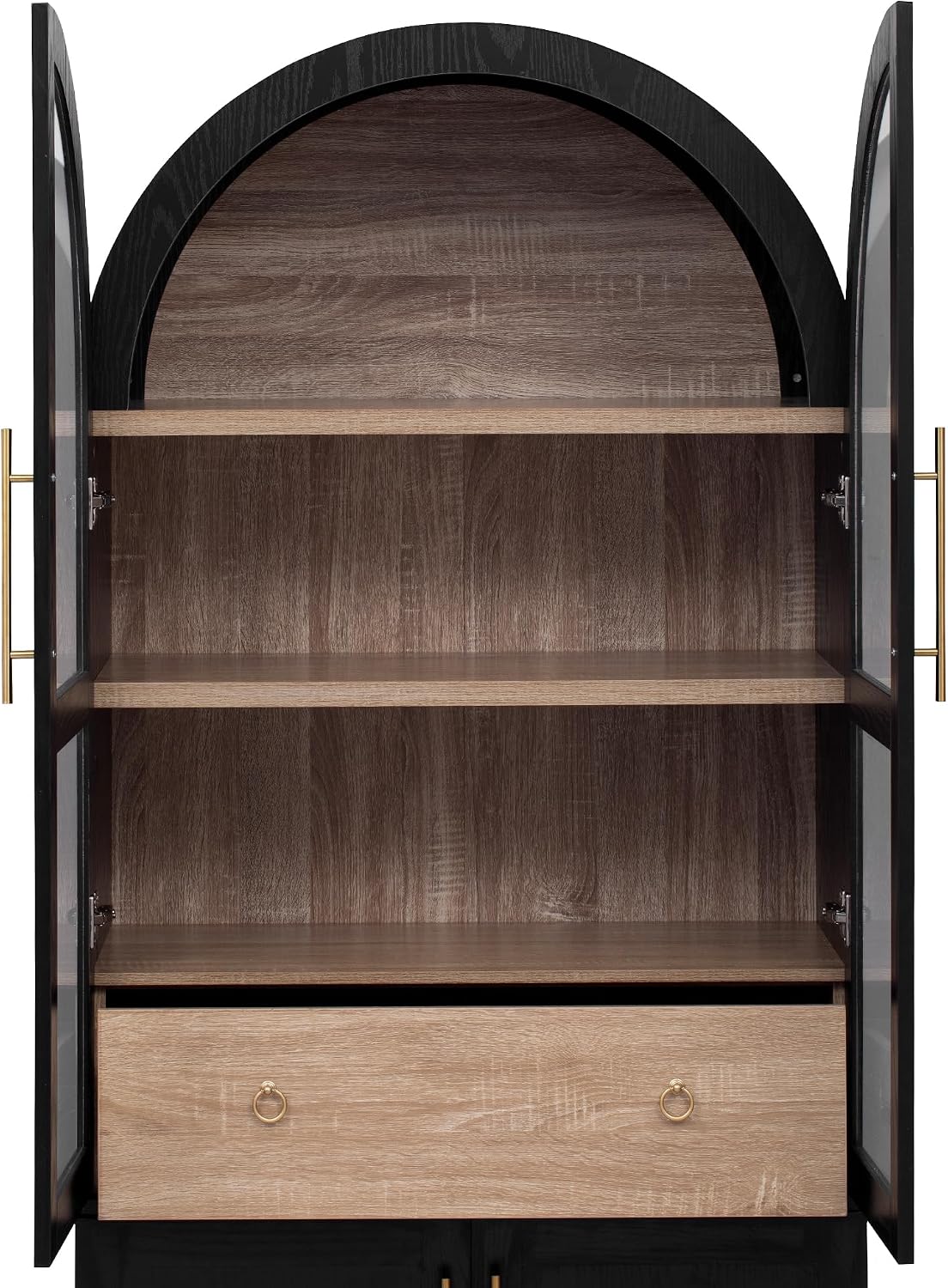 Modern 71" Tall Arched Kitchen Pantry with Door Shelves,Storage Cabinets with Open & Adjustable Shelves,Hidden Drawer & Glass Door,for Kitchens Dining Room (Black#Glass)