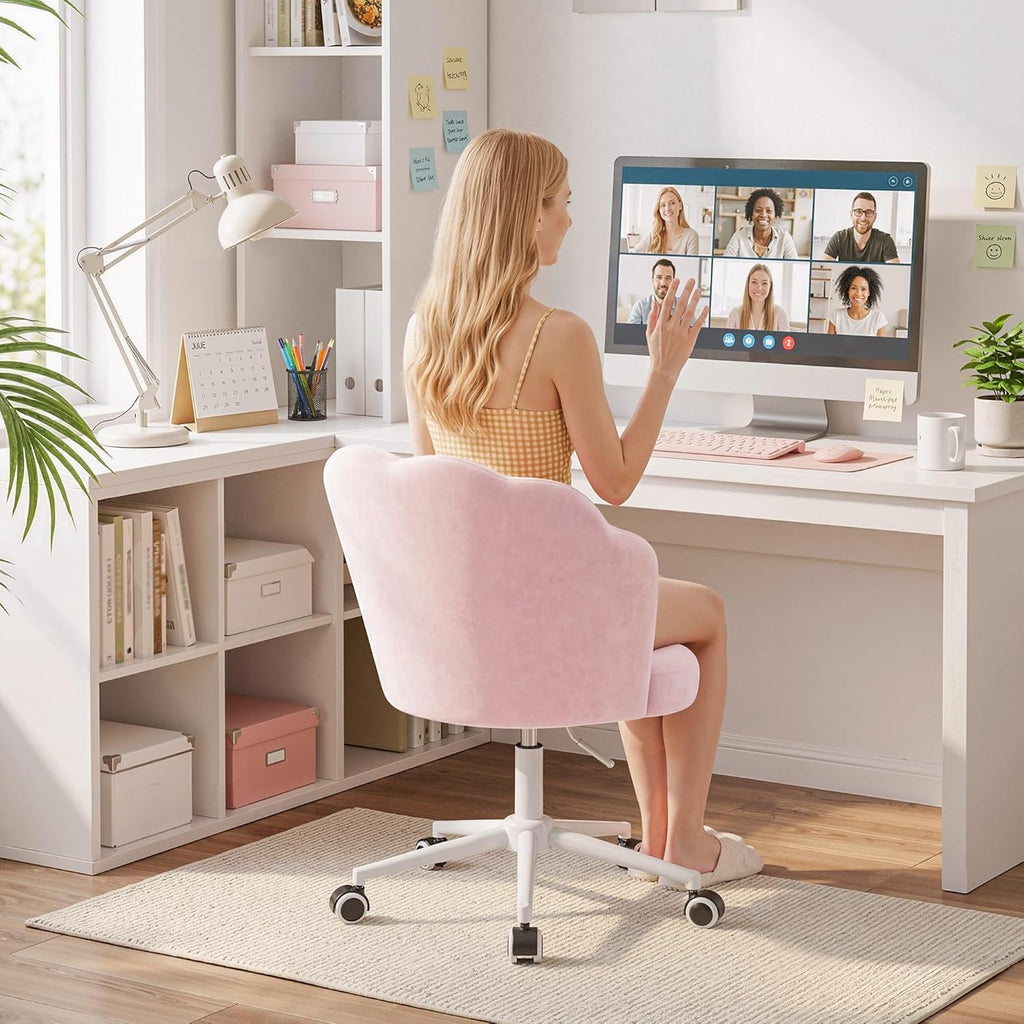 Homkdom Office Vanity Chair with Wheels, Comfy Desk Chair with Back, Armless Home Office Desk Chair Hight Adjustable & 360° Swivel, Makeup Task Chair for Bedroom, Study Room, Blush Pink