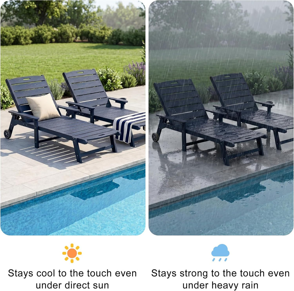 Outdoor Lounge Chair Set of 2 with 5-Position Adjustable, Outside Lounge Chair with Cup Holder, Wheels for Easy Mobility, HDPE Tanning Chair for Poolside, Patio, Blue