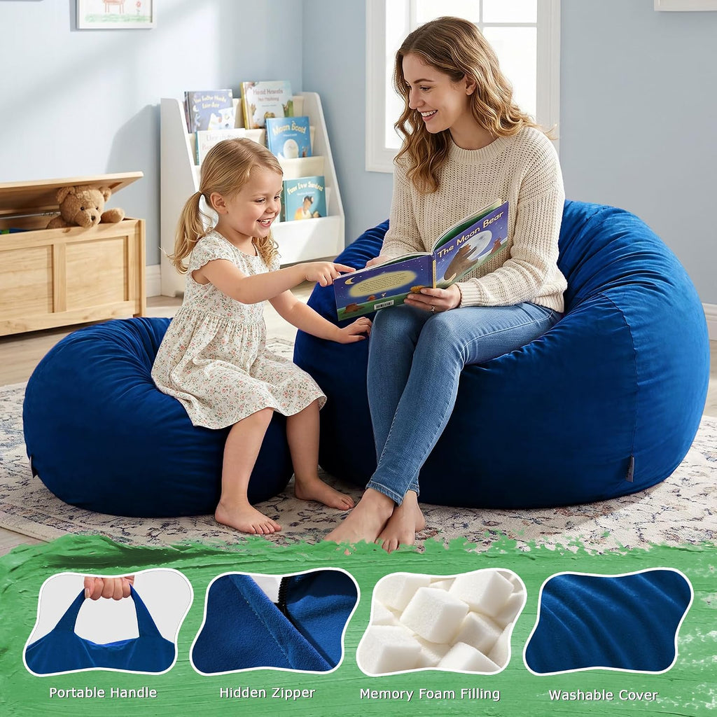 ZurNesfure Bean Bag Chair, Teardrop Large Bean Bag with Filling Blue, 3FT | Bean Bag Chairs for Living Room, Washable Comfy Chair with Handle, Fluffy Bean Bag for Reading Gaming Relaxing