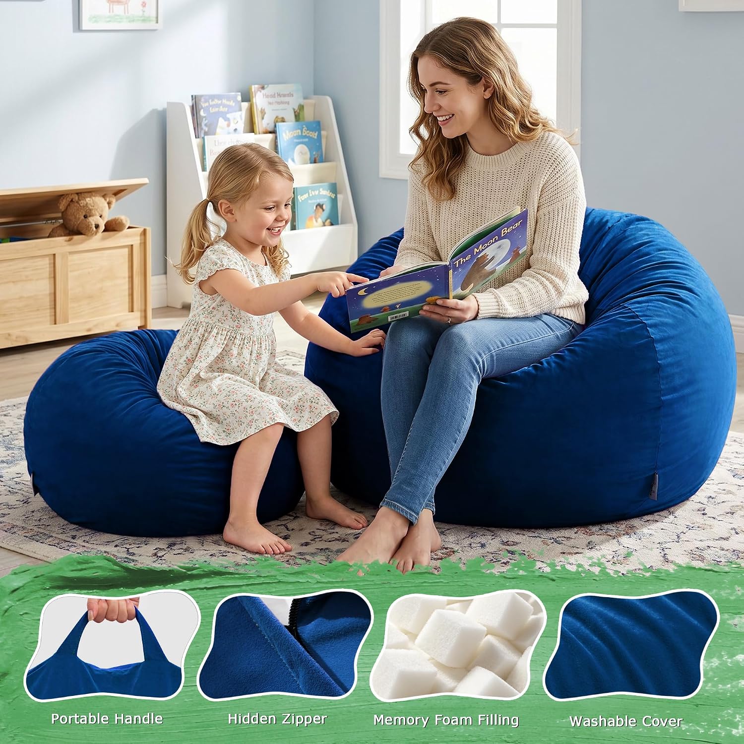 ZurNesfure Bean Bag Chair, Teardrop Large Bean Bag with Filling Blue, 3FT | Bean Bag Chairs for Living Room, Washable Comfy Chair with Handle, Fluffy Bean Bag for Reading Gaming Relaxing