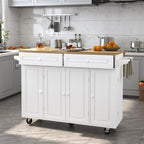 Squireewo 55" Kitchen Cart with Wood Top and Drop Leaf Breakfast Bar, Rolling Mobile Kitchen Island Table on Wheels with Drawer and Storage Cabinet, Spice Rack, Towel Rack, White