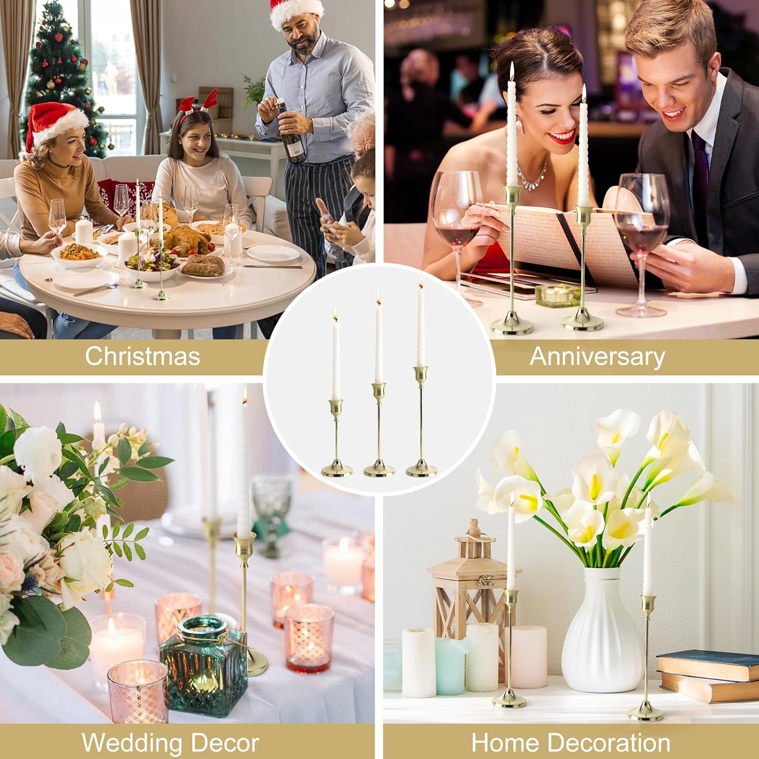 Candlestick Holders 4 Sets(12 Pcs), Gold Candle Holders with Anti-Slip Pad, Metal Taper Candle Holder, Candle Holder for Wedding Fireplace Mantel Housewarming Gift
