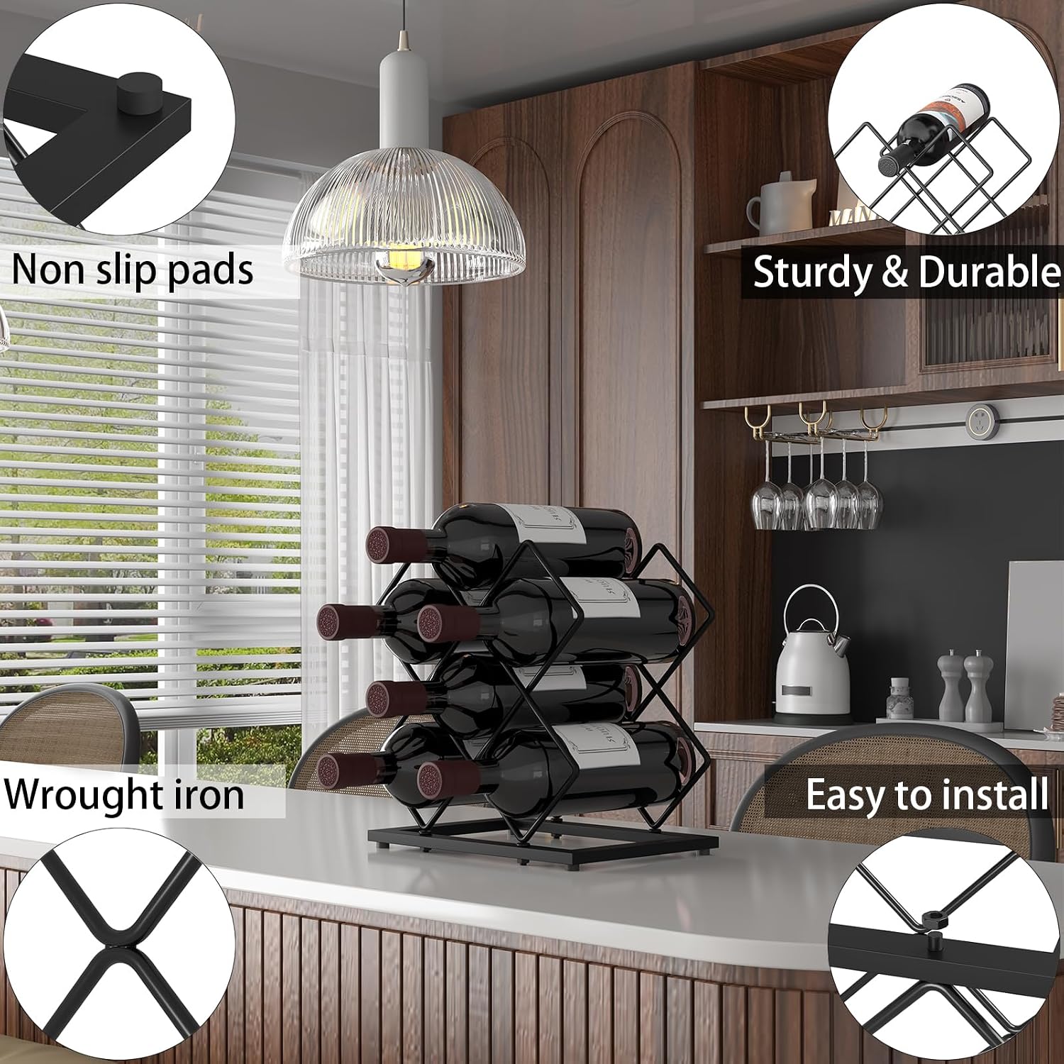 Countertop Wine Rack, 6 Bottles Wine Storage Capacity, Modern Corner Metal Wine Bottle Holder for Bar, Cabinet, Pantry, Tabletop Wine Racks for Cup and Water Bottle – Black