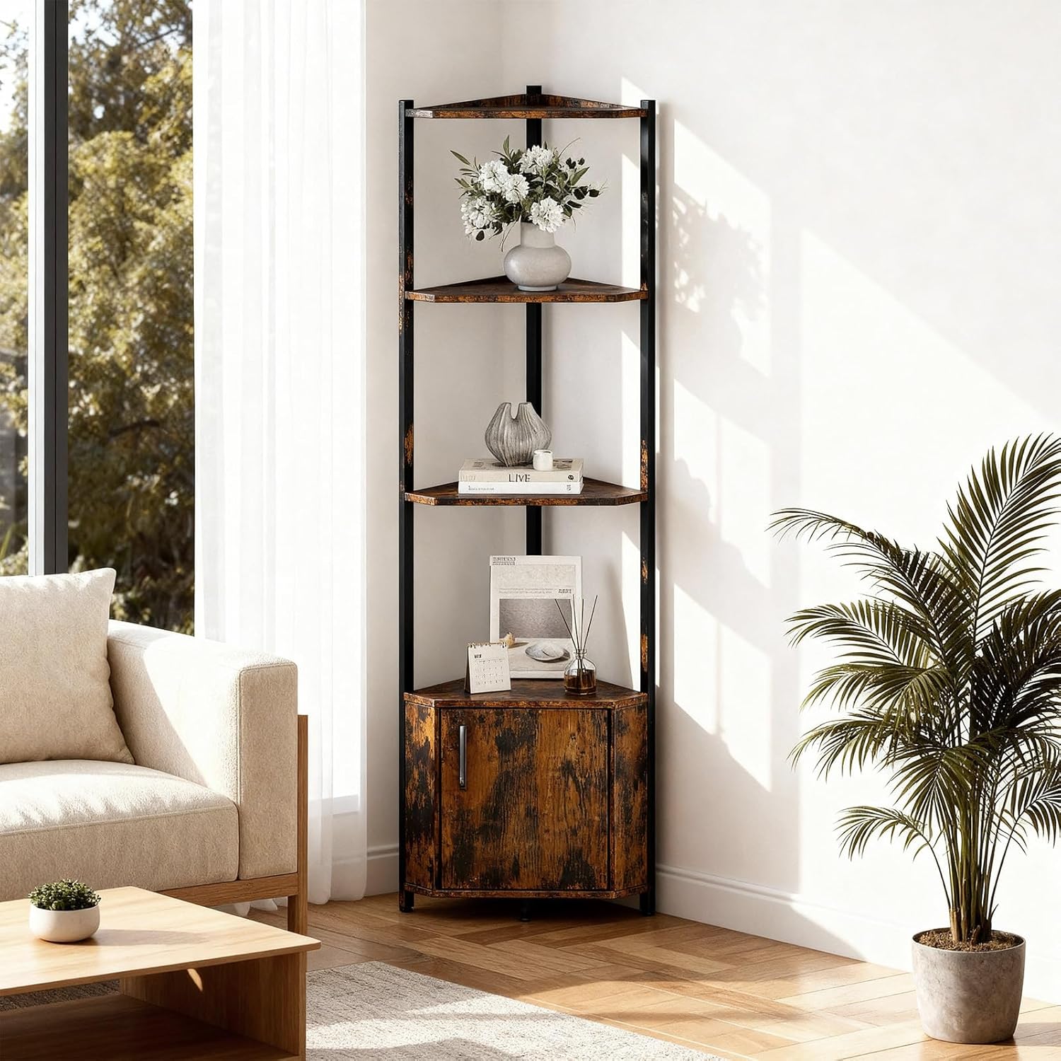Garvee 5 Tier Corner Shelf - 57" Tall Corner Cabinet Stand with Storage, Space-Saving Corner Bookshelf for Living Room & Bedroom | Brown Corner Shelf, Modern Corner Organizer