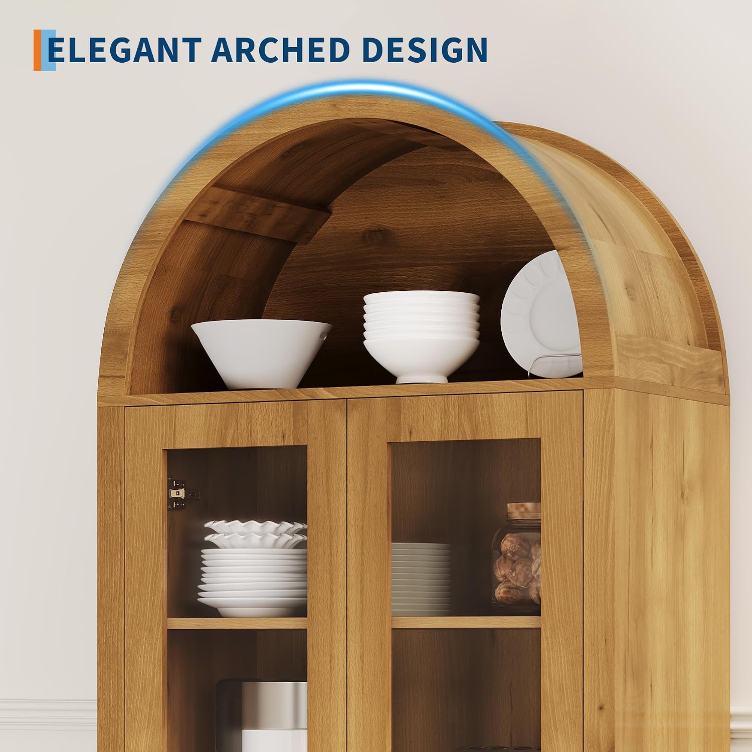 CuisinSmart 70" Tall Arched Storage Cabinet with 2 Acrylic Doors, Wooden Pantry Cabinet with Adjustable Shelves, Modern Accent Bookshelf for Kitchen, Dining Room, Living Room, Laundry, Oak