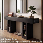 71" Entryway Console Table with Outlets & Storage-Black | 5.9" Thick Top,Zero Wobble,Behind Large Couch,Extra Long,Anti-Tip,Modern Farmhouse,Dense MDF,Living Room,Hallway,300lbs Load