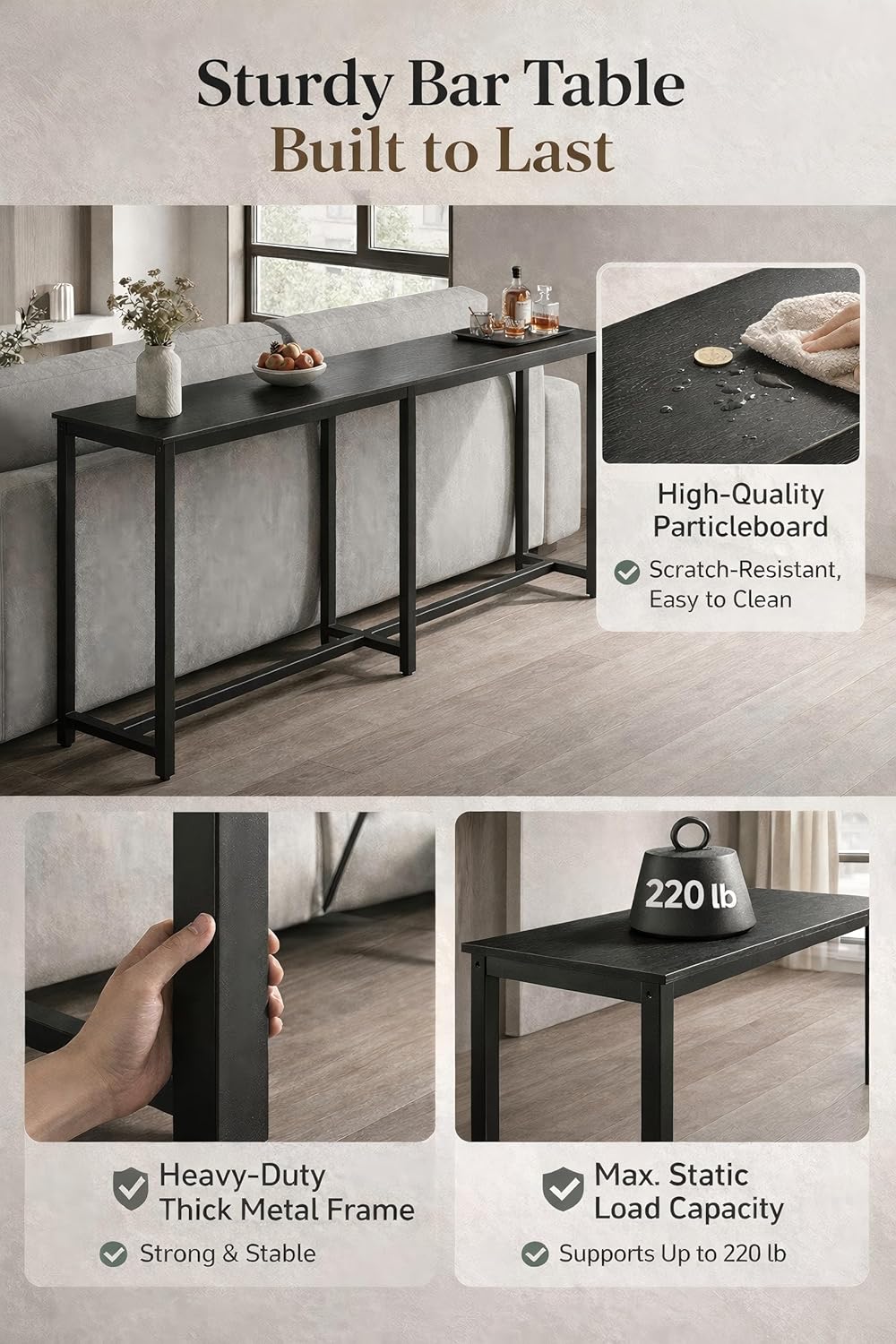 Homleke 71" L Narrow Long Kitchen Dining Bar Table, Counter Height High Pub Desk with Metal Frame for Small Spaces, Black