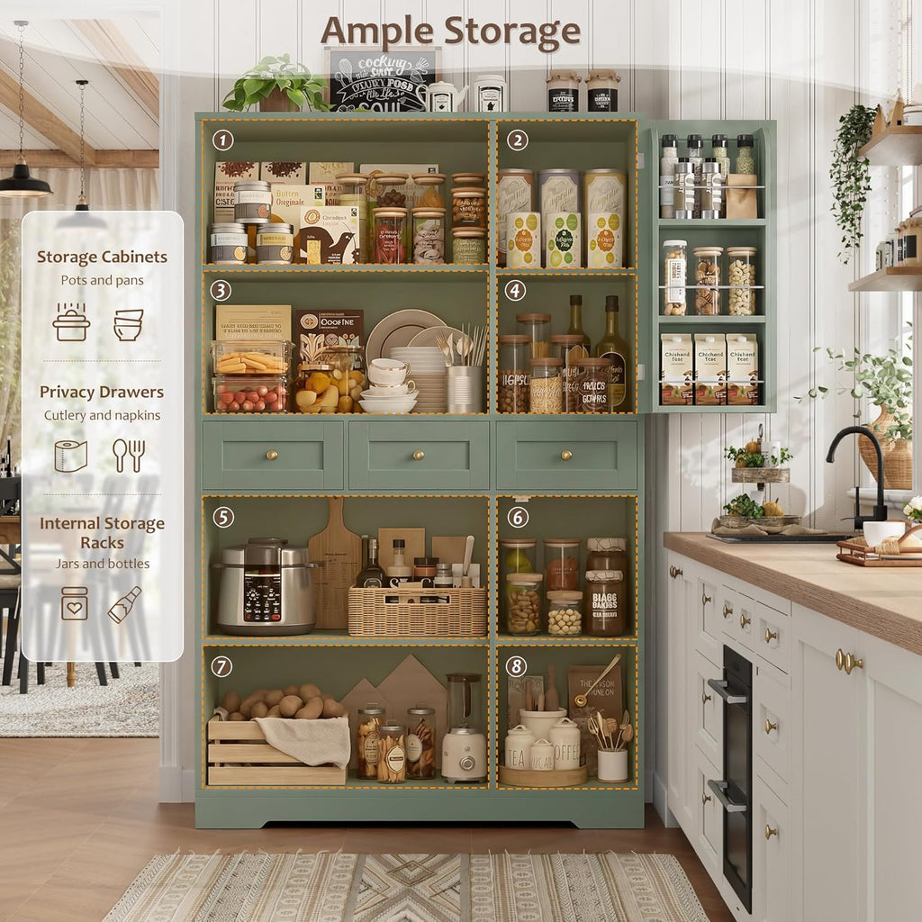 HOSTACK Modern Farmhouse Kitchen Pantry Storage Cabinet, 67" H Kitchen Pantry Cabinet with Barn Doors and Shelves, Freestanding Food Storage Cabinets with Drawers for Dining Room, Living Room, Green